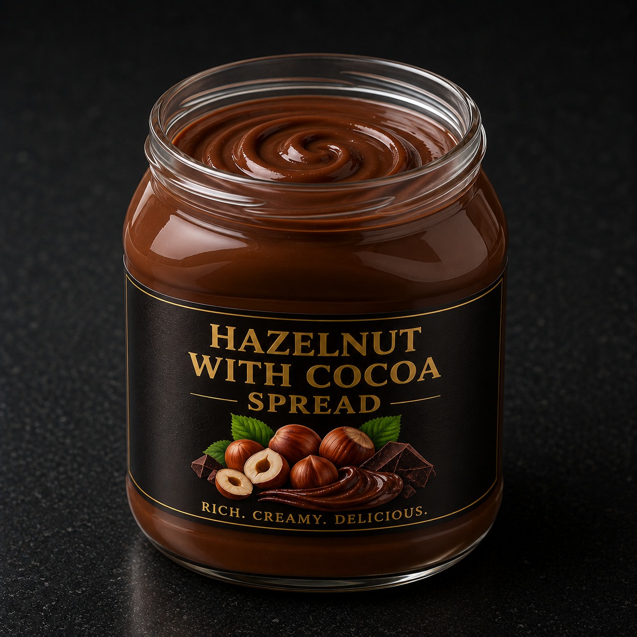Preserved hazelnut and cocoa spread in a sealed jar