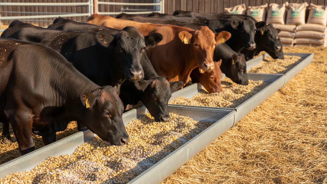 Cattle feeding at a trough beside stacked feed sacks