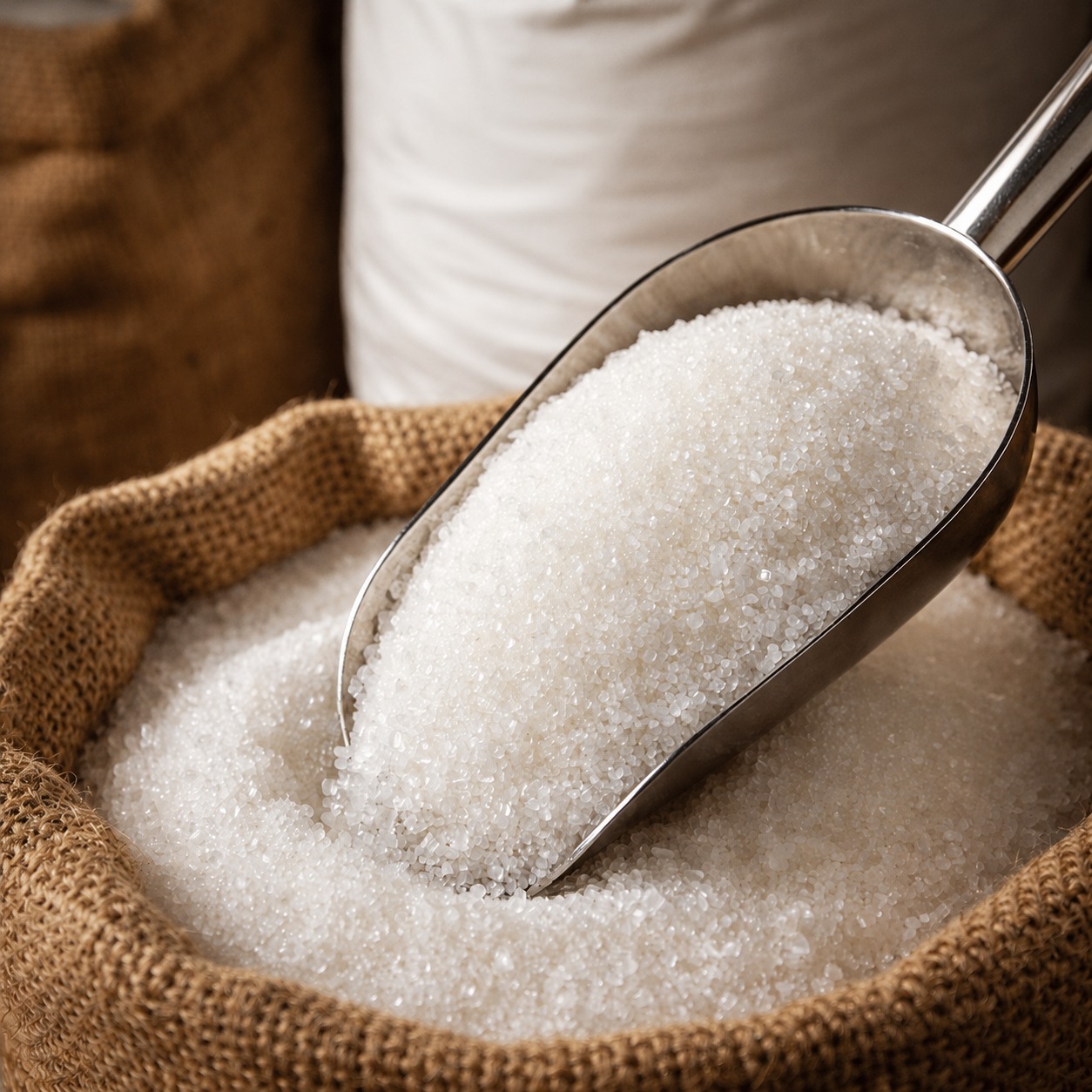 Refined sugar in a sack with scoop