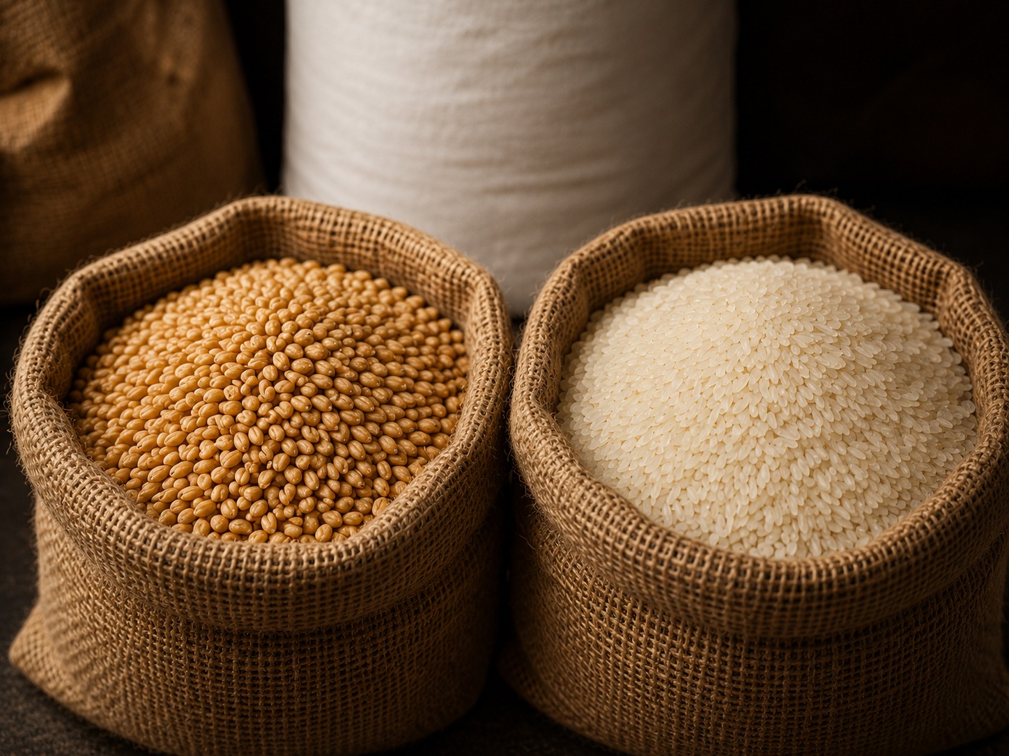 Wheat grain and rice in sacks